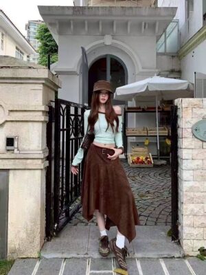 G117不規則牛皮絨長裙