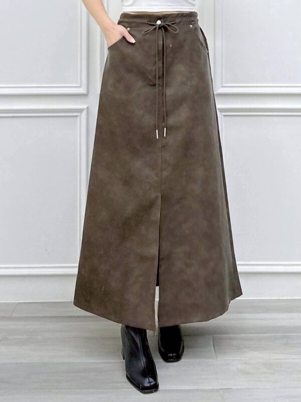 W108 腰際綁帶前開衩皮長裙