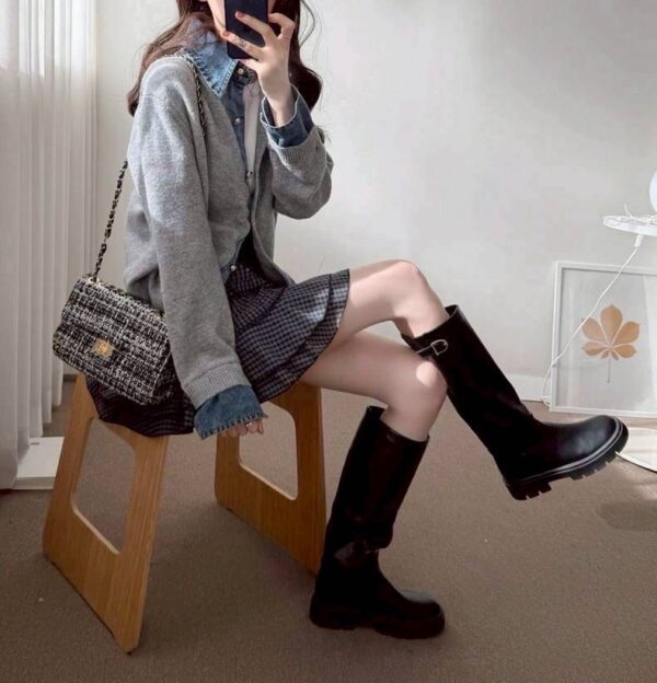 W114 拼接牛仔針織上衣