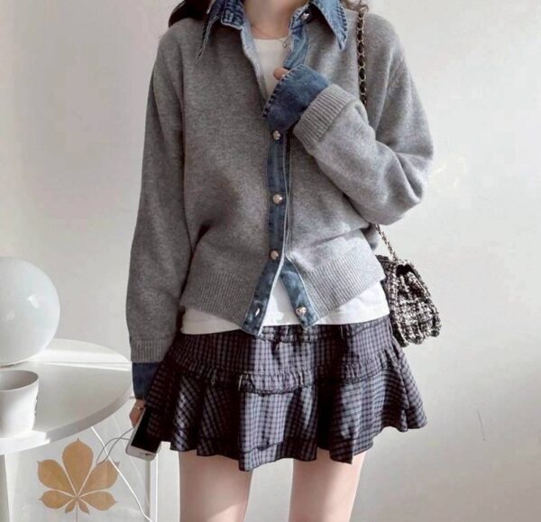 W114 拼接牛仔針織上衣