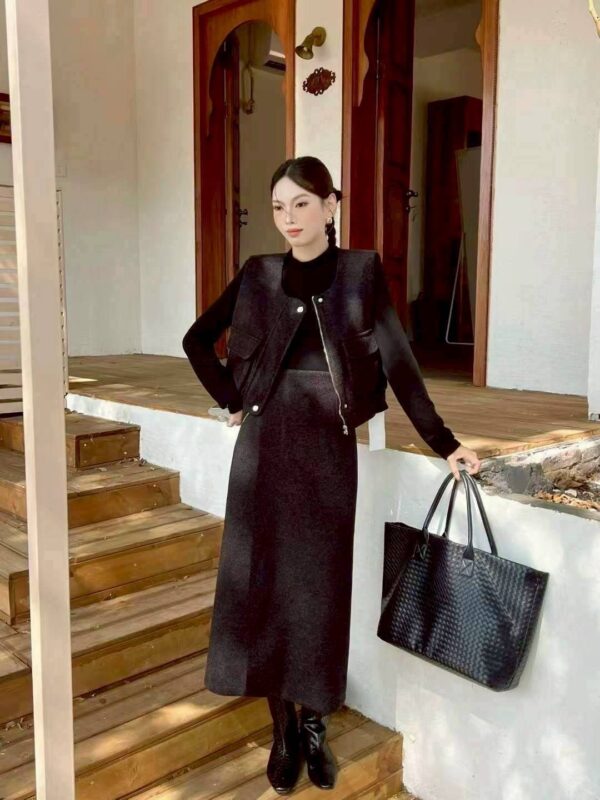 W105 毛呢背心+立領棉上衣+毛呢長裙