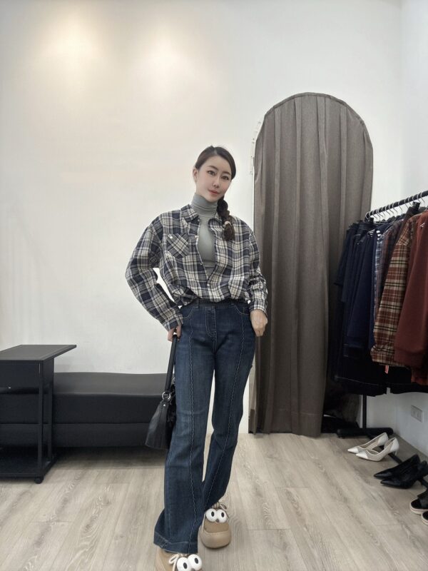 S523057 壓線拼接鬆緊微喇叭褲