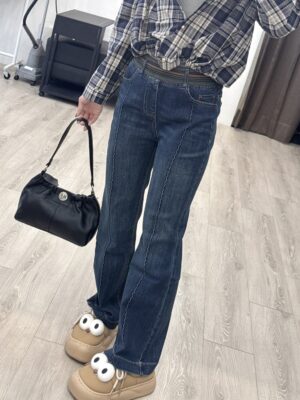 S523057 壓線拼接鬆緊微喇叭褲