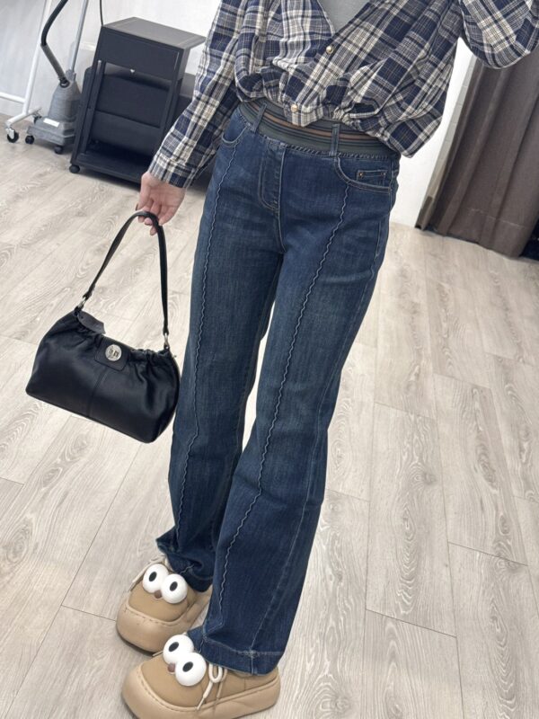 S523057 壓線拼接鬆緊微喇叭褲