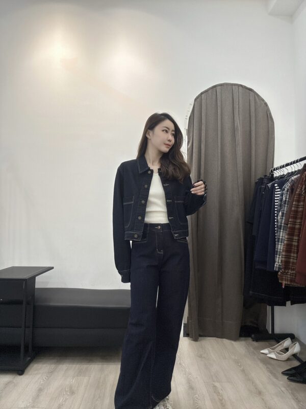 F584065 袖口拼格牛仔外套