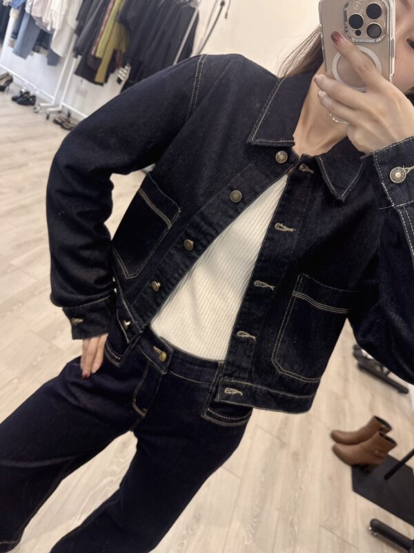 F584065 袖口拼格牛仔外套