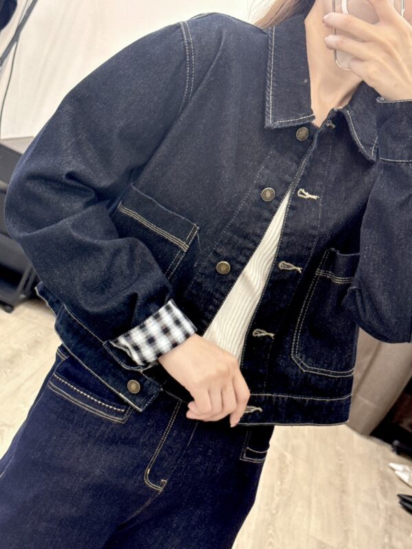 F584065 袖口拼格牛仔外套