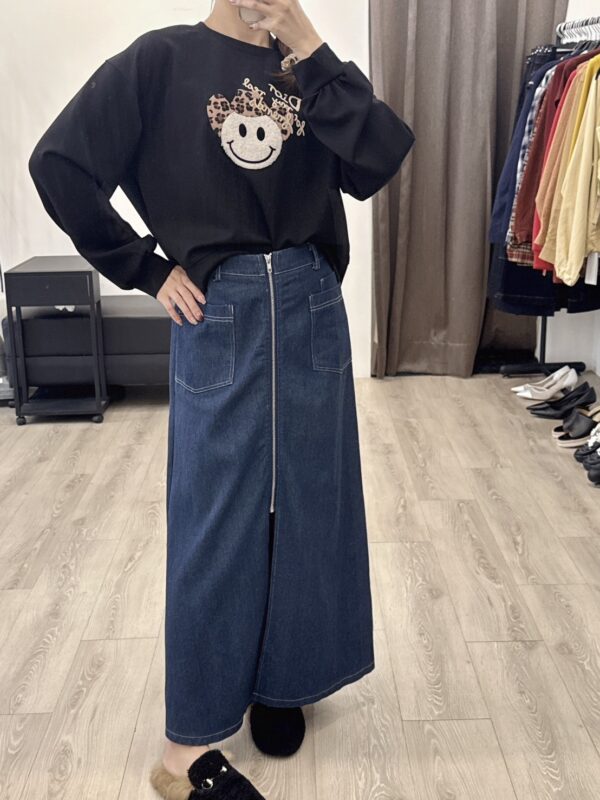 W107 後鬆緊腰頭拉鍊牛仔長裙