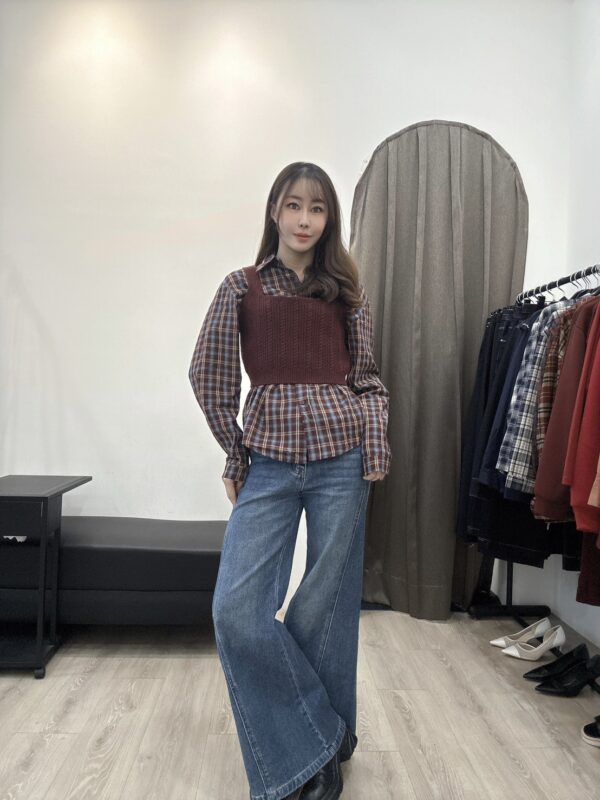 F581076 格紋襯衣+針織背心