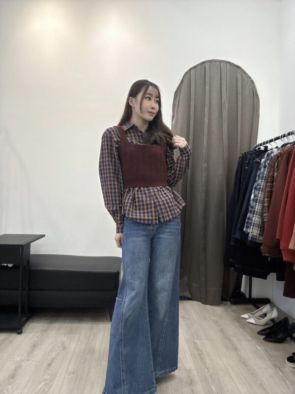 F581076 格紋襯衣+針織背心