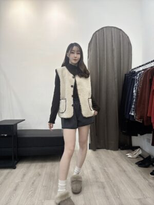 S524104 拼格紋羊羔毛背心