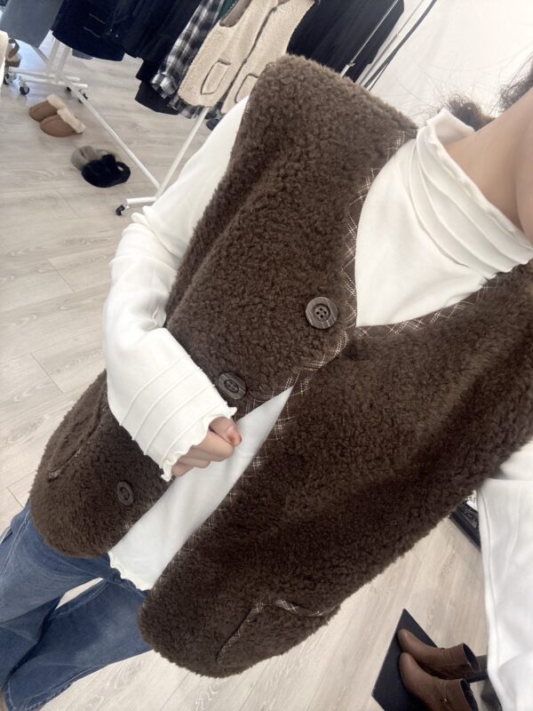 S524104 拼格紋羊羔毛背心