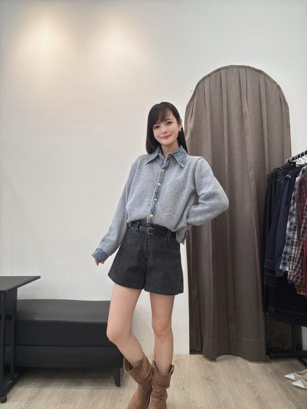 W114 拼接牛仔針織上衣