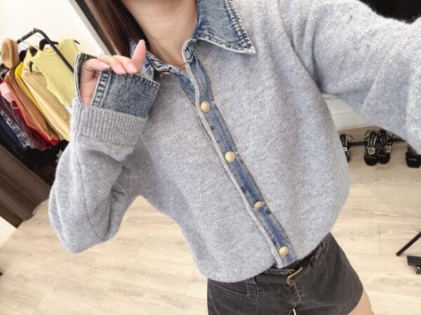 W114 拼接牛仔針織上衣