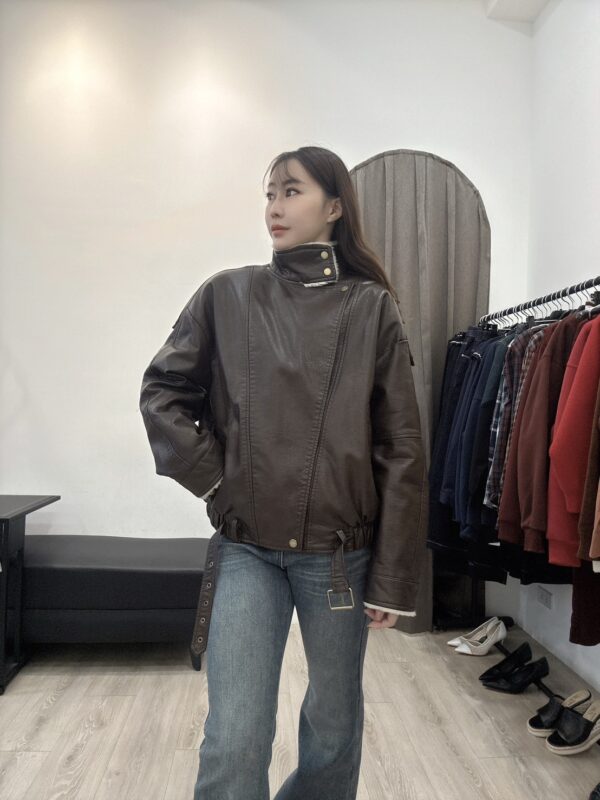 O117 復古立領加絨皮外套