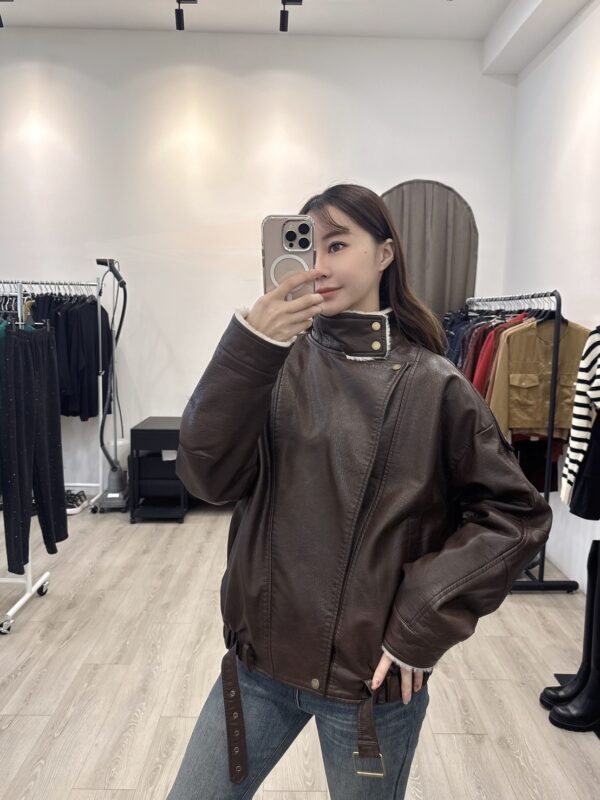 O117 復古立領加絨皮外套