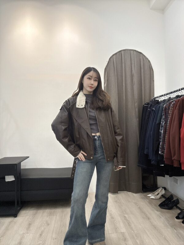 O117 復古立領加絨皮外套