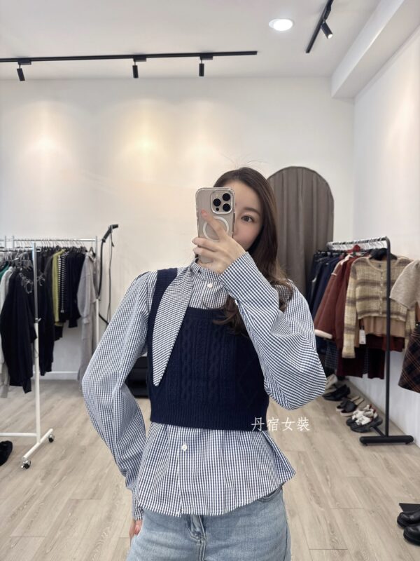 F581079 細格襯衣+針織背心