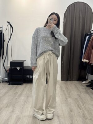 F583005 前綁帶鬆緊打折長褲