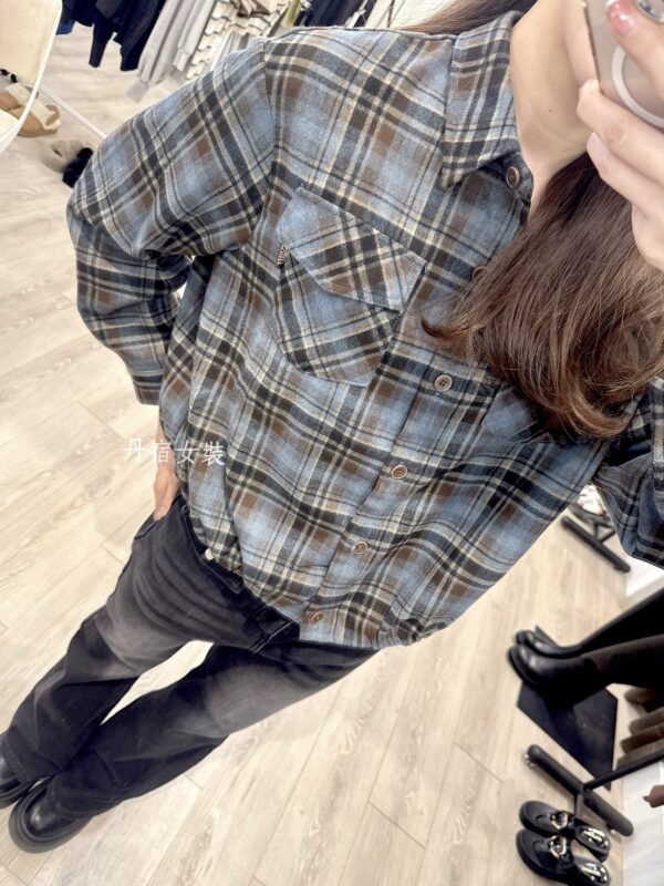 S521105 下擺鬆緊短版格紋襯衣