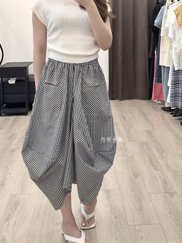 S652035 格紋不規則花苞裙